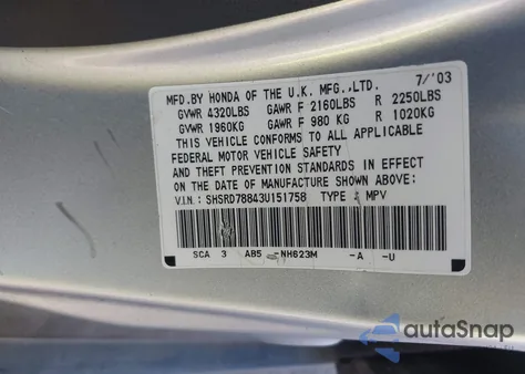 2003 Honda Cr-V Ex from USA, damaged, VIN SHSRD78843U151758